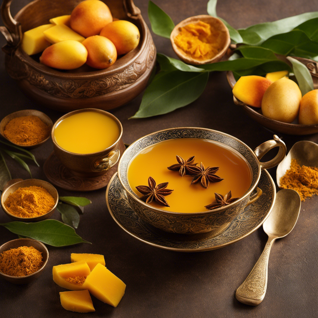 An image featuring a warm, golden cup filled with Rishi Turmeric Mango Tea