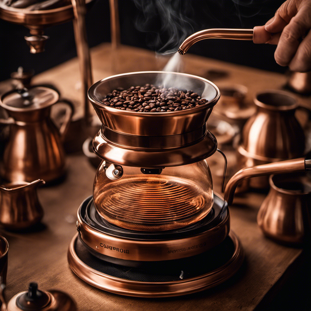 the essence of specialty coffee in a single image: a gleaming copper coffee roaster, emitting delicate wisps of aromatic smoke, as skilled hands meticulously swirl a batch of perfectly roasted beans in a glass jar