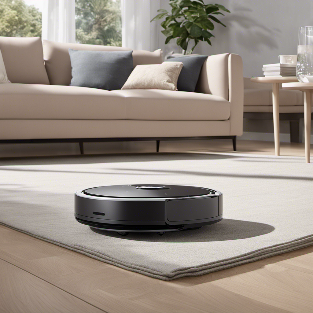 An image showcasing the Roborock Q5 Robot Vacuum Cleaner effortlessly gliding across various surfaces in a modern living room, capturing its sleek design, efficient cleaning capabilities, and advanced navigation technology
