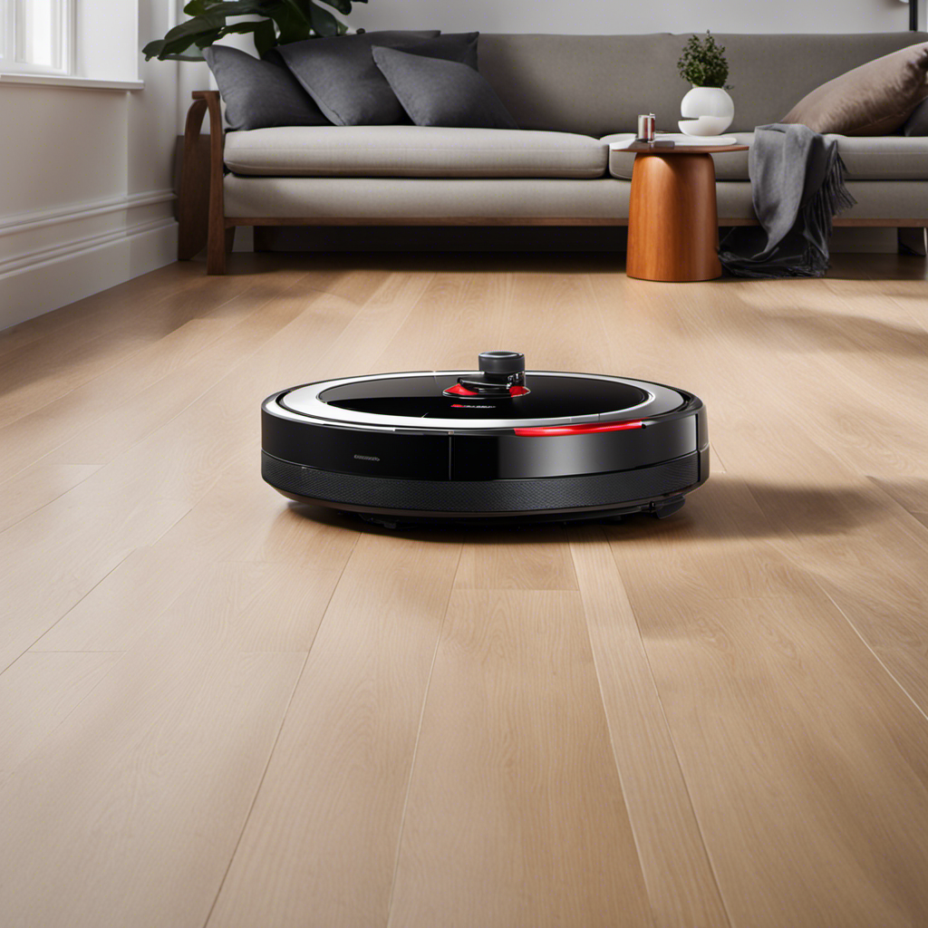 an image of the Roborock Q7 Max effortlessly gliding across a spotless hardwood floor, its sleek black body reflecting the light, while a trail of fresh mop marks glisten behind it