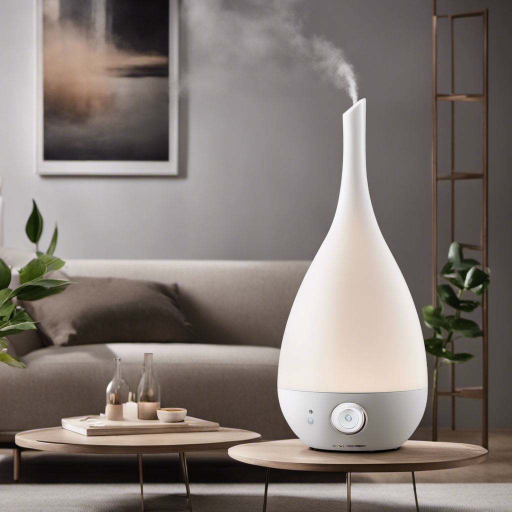 An image showcasing the Rosekm Humidifier in a cozy living room, emitting a gentle mist that envelops the air
