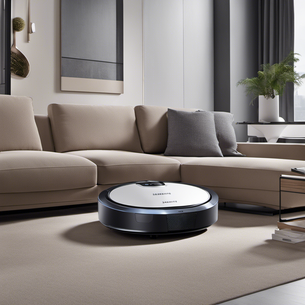 An image showcasing the sleek and futuristic design of the SAMSUNG Jet Bot AI+ Vacuum Cleaner, featuring its advanced sensors, powerful suction, and intelligent navigation system effortlessly cleaning every nook and cranny of a modern living room