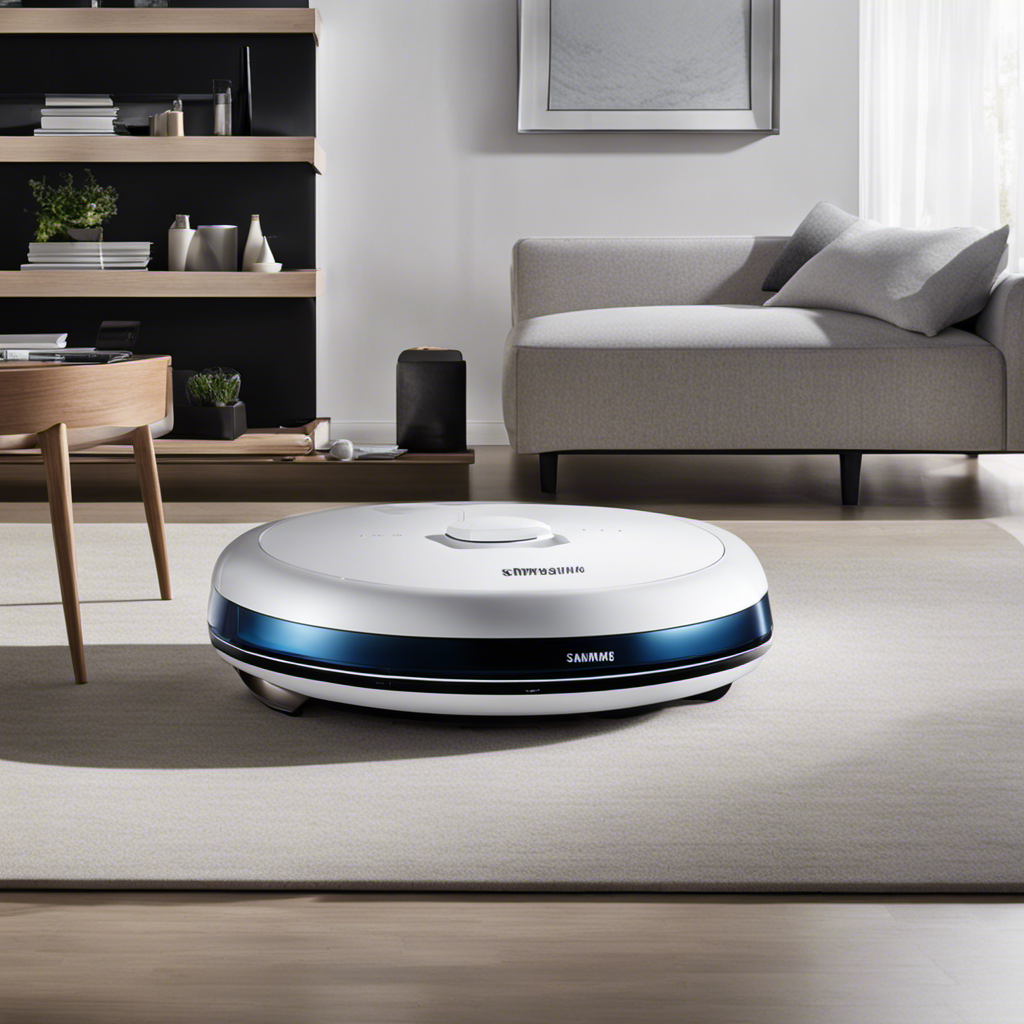 An image featuring the sleek, futuristic design of the SAMSUNG Jet Bot, capturing its powerful suction capabilities in action as it effortlessly cleans every nook and cranny of a modern living room