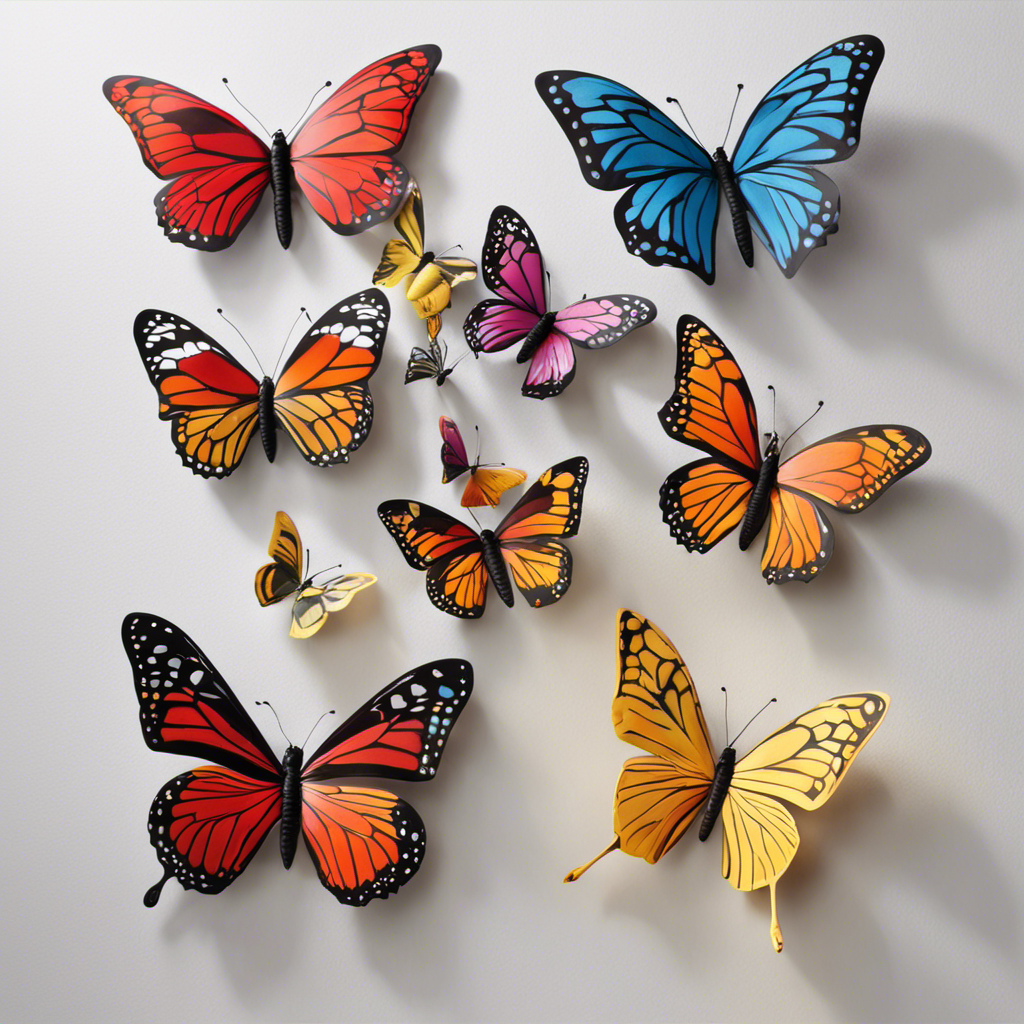 An image showcasing the SAOROPEB 3D Butterfly Wall Decor Review, featuring a close-up shot of a vibrant, lifelike butterfly fluttering gracefully against a white wall, with its delicate wings casting beautiful shadows