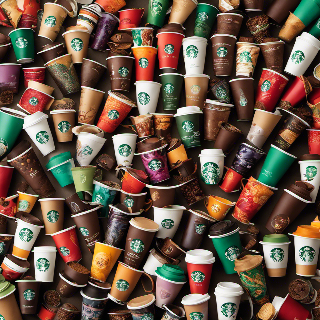 An image showcasing a variety of Starbucks cup sizes, each filled with richly colored coffee, ranging from a petite espresso shot to a towering Venti, enticing readers to explore the top 10 sizes for an ultimate coffee experience