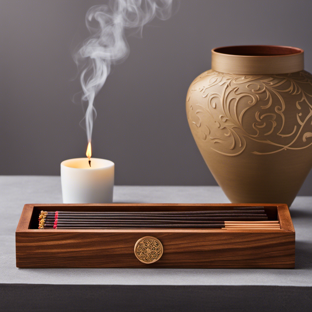 An image showcasing the Satya Incense Gift Set Review, featuring a close-up shot of beautifully handcrafted incense sticks arranged in a minimalist, wooden incense holder, emanating delicate swirls of fragrant smoke