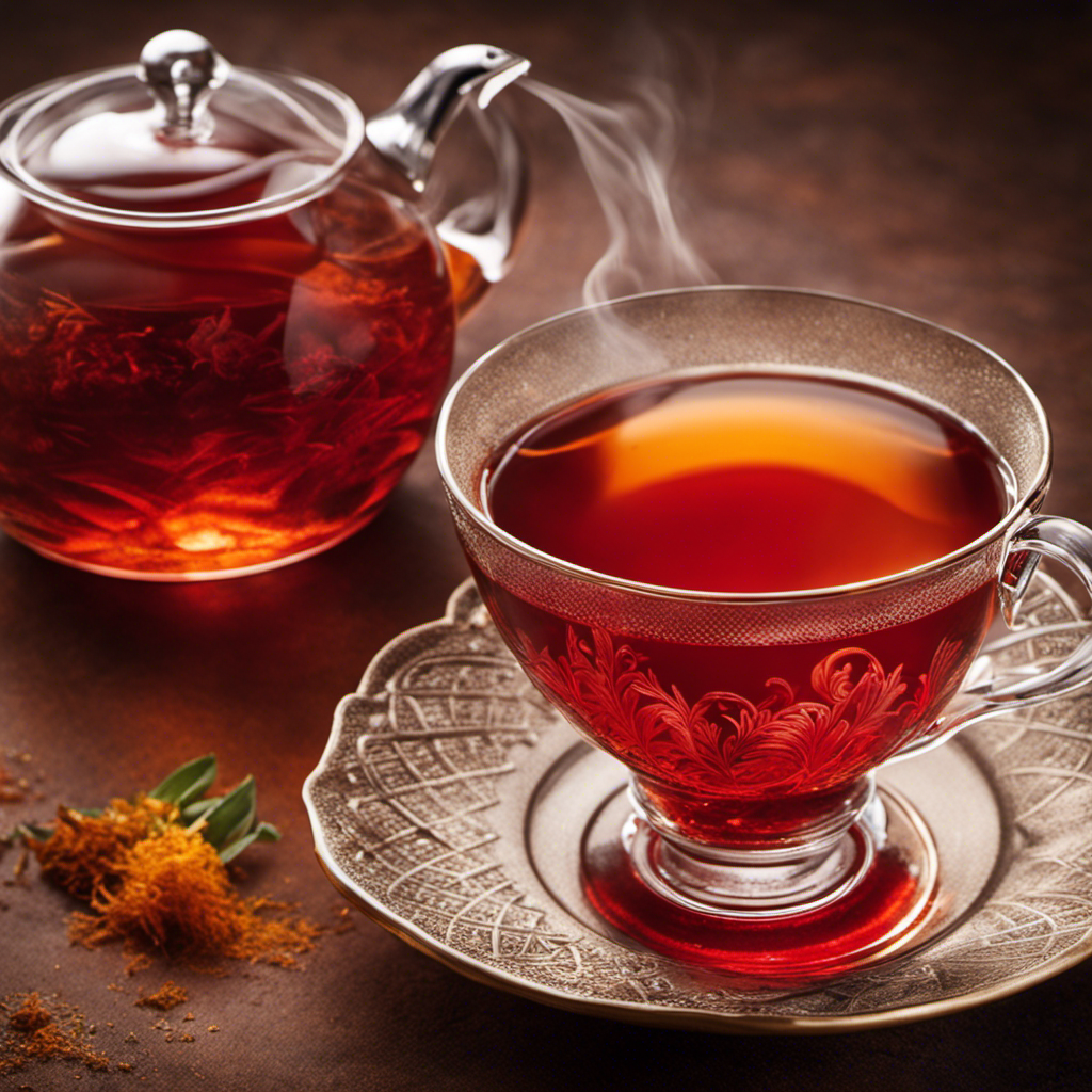 An image capturing the essence of Rooibos tea: a vibrant crimson brew fills a dainty teacup, wisps of aromatic steam dance through the air, while a delicate tea leaf rests on a rustic saucer
