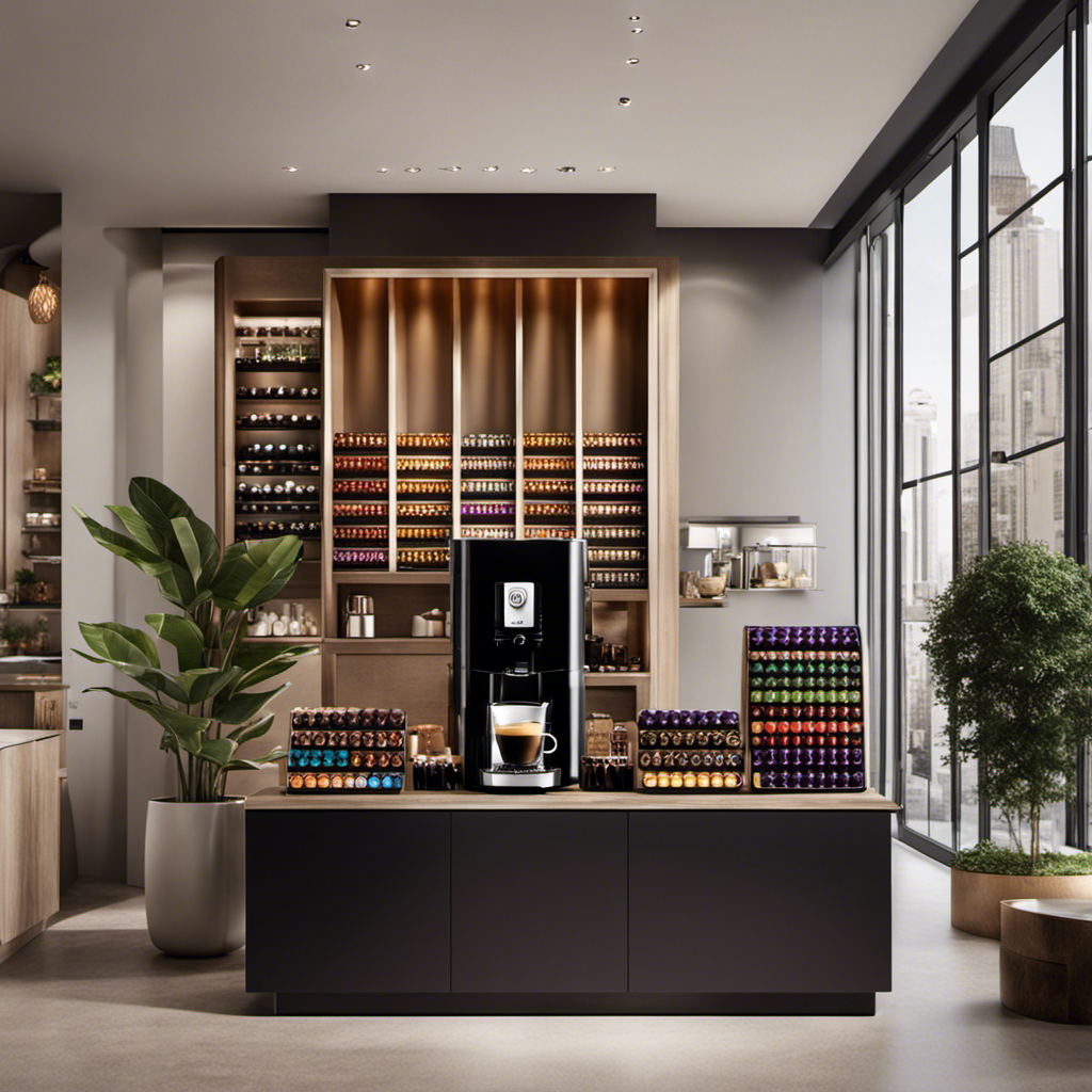 An image showcasing a stylish coffee bar setup with a sleek Nespresso machine, surrounded by a selection of vibrant and aromatic coffee capsules in various flavors