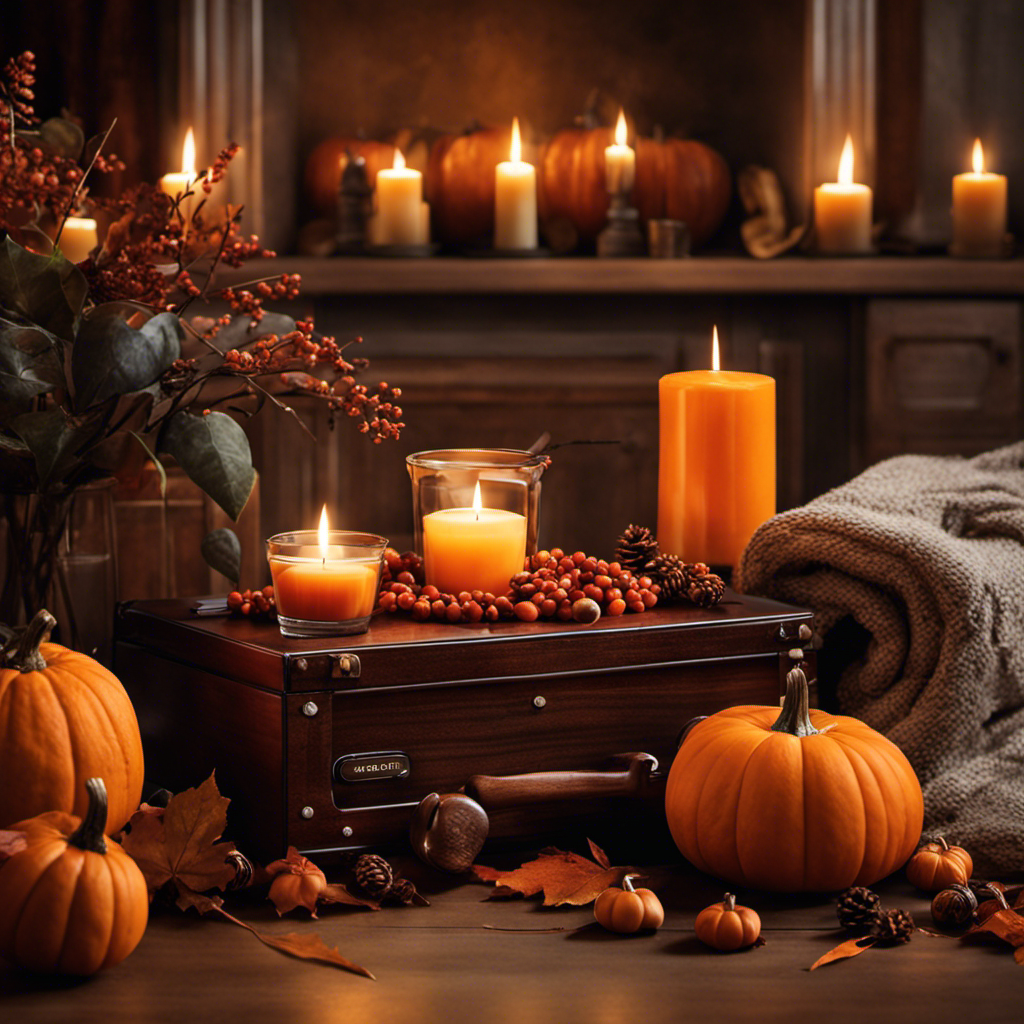 An image that showcases a cozy living room adorned with warm autumn hues, where a steaming cup of Nespresso Pumpkin Spice sits atop a rustic wooden table, surrounded by a plush blanket, flickering candles, and a stack of books
