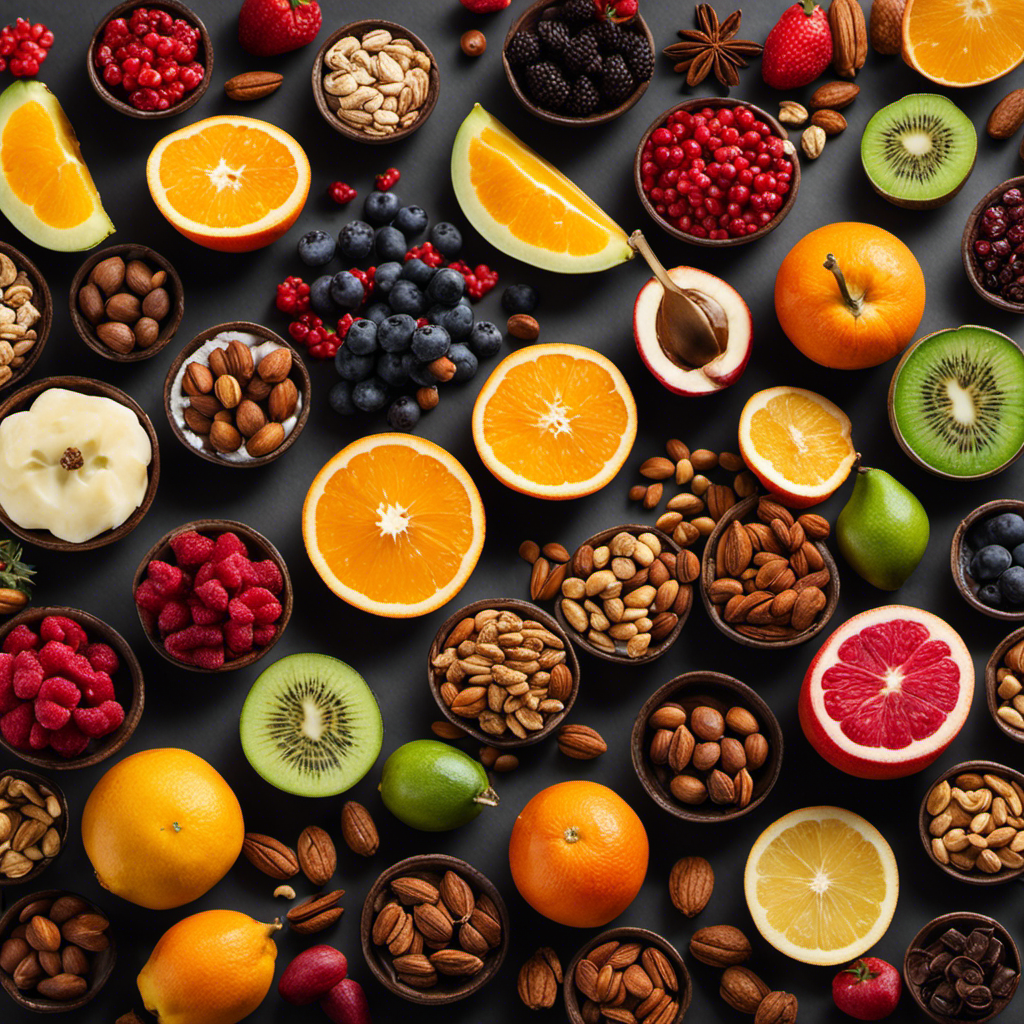 An image showcasing a vibrant array of fruits, nuts, chocolates, and spices beautifully arranged to depict the diverse flavor profiles explored in the article