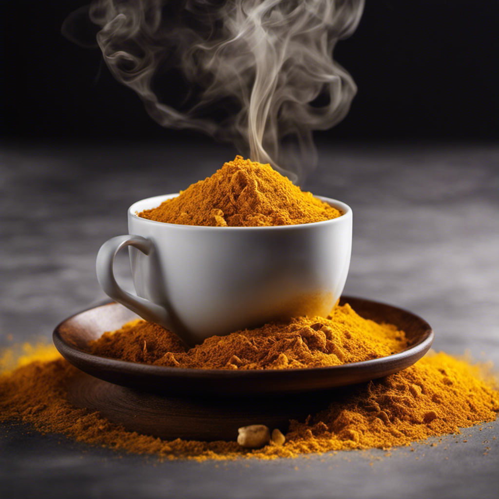 An image showcasing the vibrant yellow hues of a steaming cup of Science Natural Turmeric Tea, with delicate wisps of steam gently rising from the surface, surrounded by freshly grated turmeric root and aromatic spices