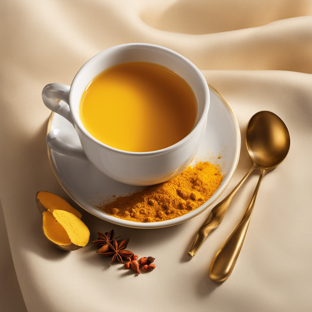 An image showcasing a warm cup of turmeric tea, steaming gently, with the vibrant golden hue catching the light