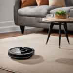 An image showcasing the Shark ION Robot Vacuum seamlessly gliding across a living room floor, effortlessly sucking up dirt and debris with its sleek design, powerful suction, and precision navigation