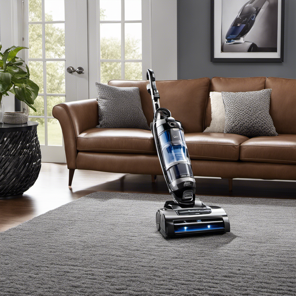 An image capturing the Shark UV900 Pet Performance Plus Vacuum in action: its sleek, silver body gliding effortlessly across carpets, its powerful suction effortlessly lifting pet hair, and its innovative UV technology eliminating allergens, all against a backdrop of a spotless, freshly vacuumed room