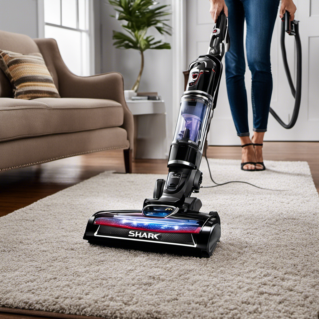 An image showcasing the Shark ZU782 Vacuum in action: a sleek, modern vacuum with bright LED lights illuminating a spotless floor, as it effortlessly glides over carpet and hardwood, capturing every speck of dust with its innovative Duoclean technology