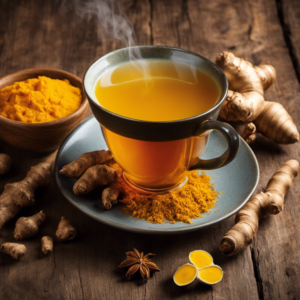 An image showcasing a steaming cup of vibrant golden turmeric and ginger tea, with delicate wisps of steam rising from the hot liquid