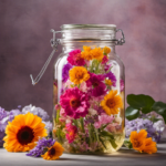 An image showcasing a vibrant bouquet of fresh flowers artfully submerged in a glass jar of homemade kombucha