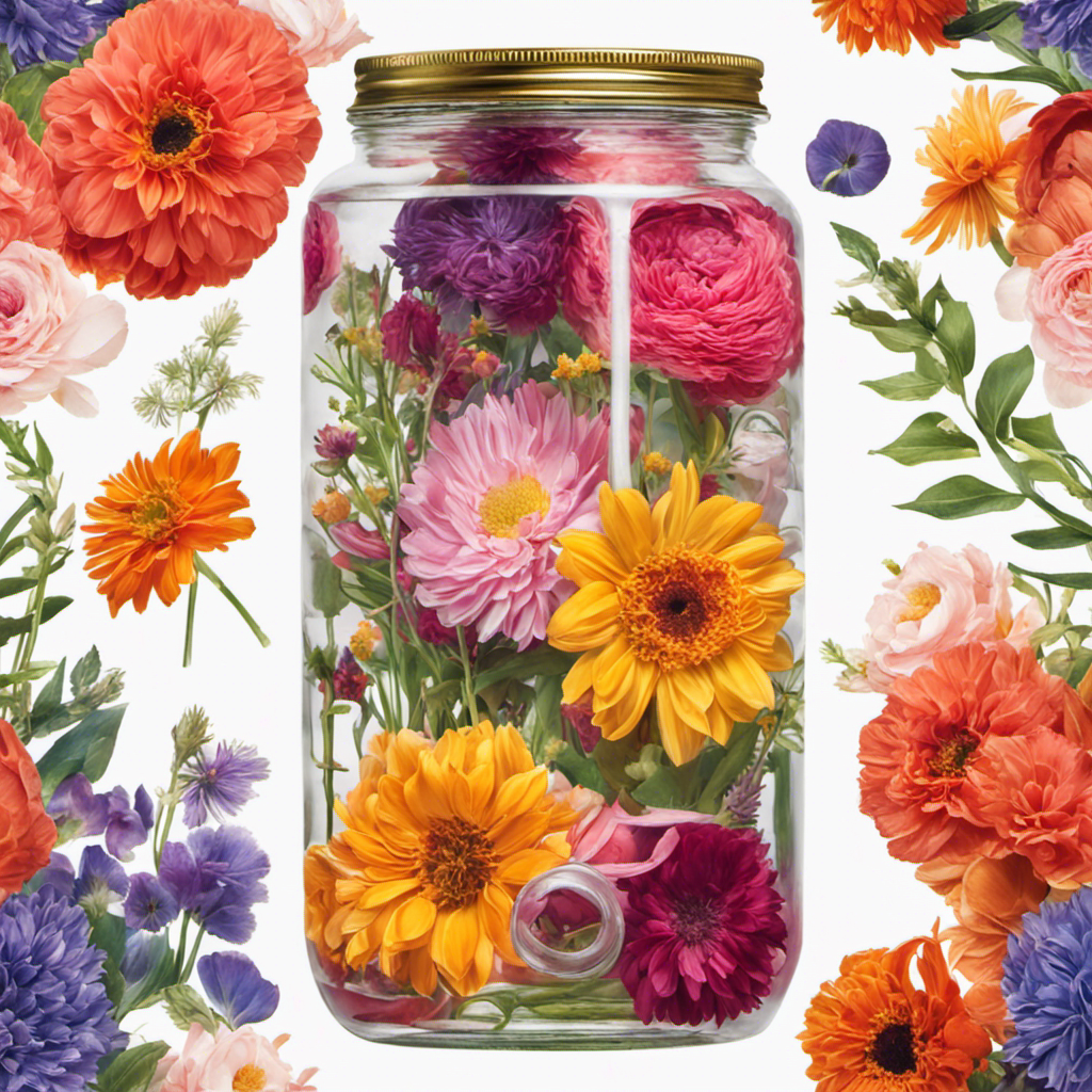 An image showcasing a vibrant bouquet of fresh flowers artfully submerged in a glass jar of homemade kombucha