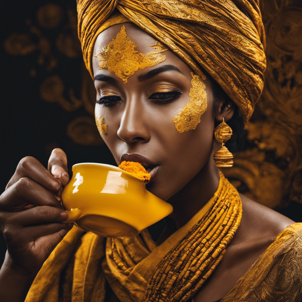 An image depicting a person sipping turmeric tea, their face contorted with surprise as vibrant yellow streaks radiate from their mouth, symbolizing the unexpected side effects of this golden elixir