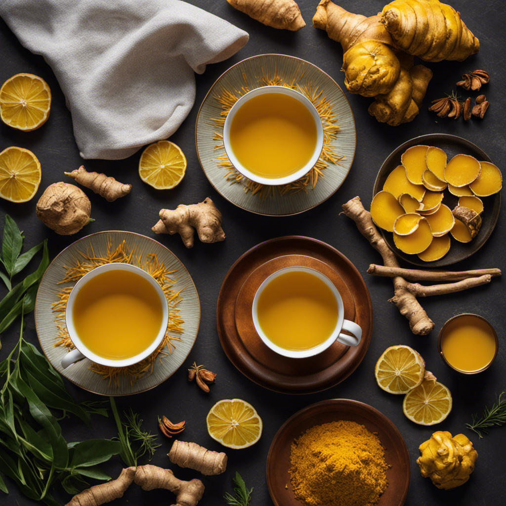 an image capturing a steaming cup of Simple Truth Ginger Turmeric Tea, brewed to perfection with vibrant yellow turmeric roots and spicy ginger slices, infusing warmth and comfort