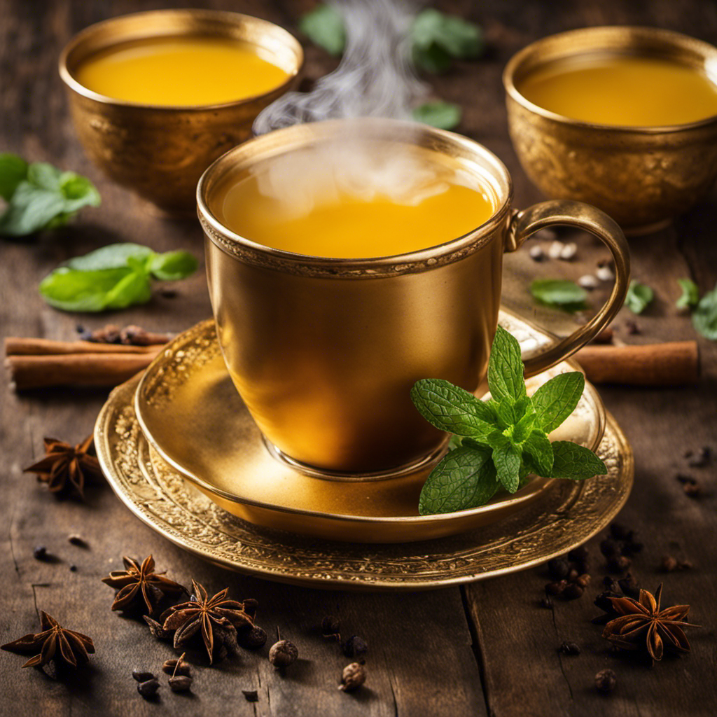 An image capturing a serene moment of a golden-hued mug, steam gently rising, filled with aromatic turmeric tea