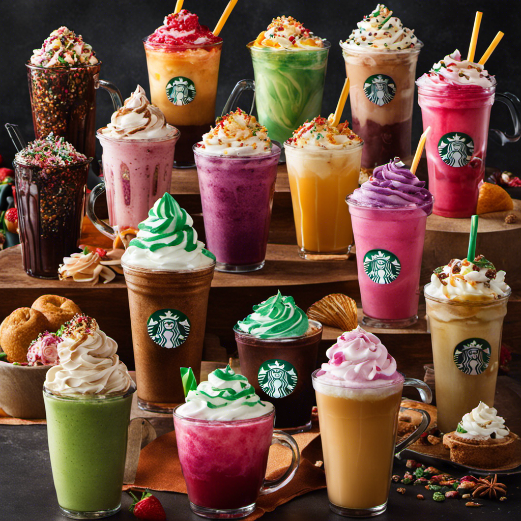 An image showcasing the vibrant Starbucks secret menu: a whimsical array of colorful concoctions, from the velvety Unicorn Frappuccino to the decadent Butterbeer Latte, all beautifully presented with artful garnishes and frothy swirls in tall, transparent glasses