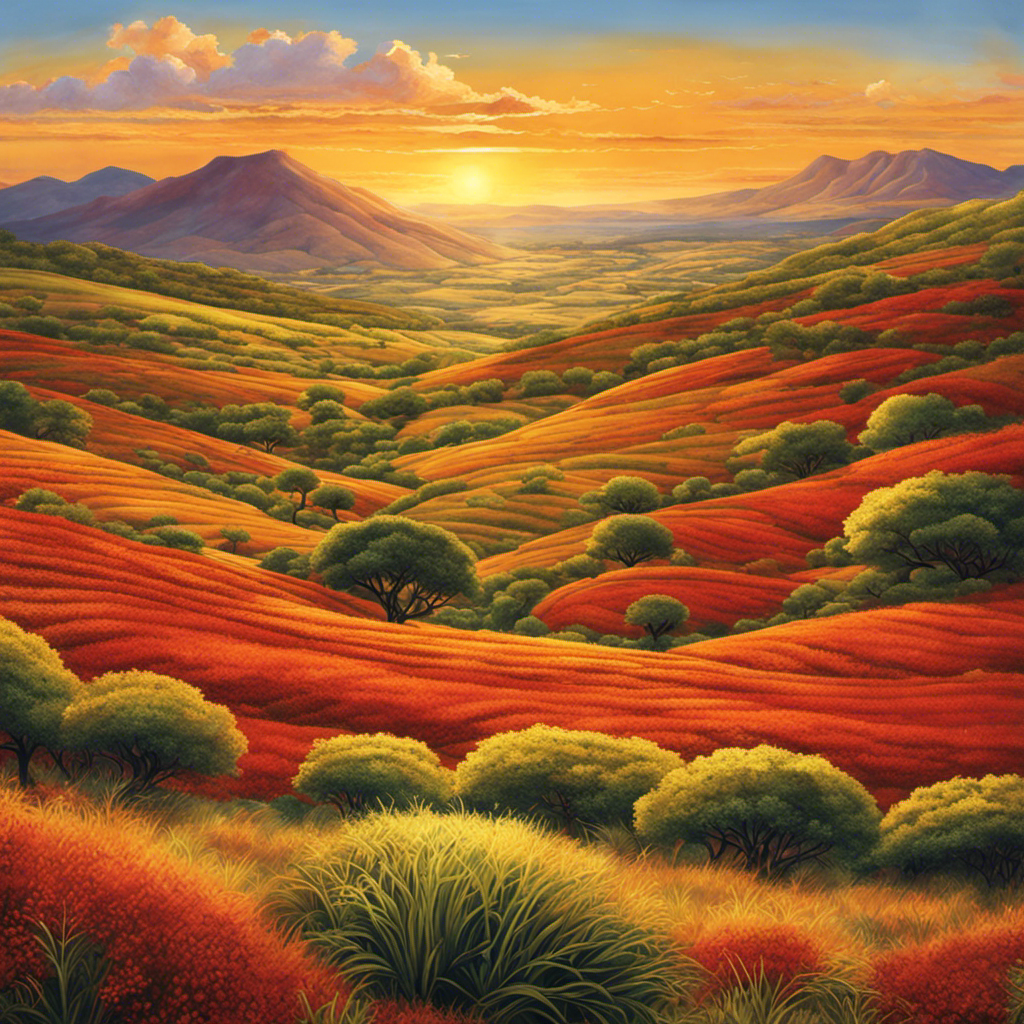 An image showcasing a vibrant cup of steaming rooibos tea, surrounded by a lush South African landscape with rolling hills, indigenous rooibos plants, and the golden sun casting a warm glow