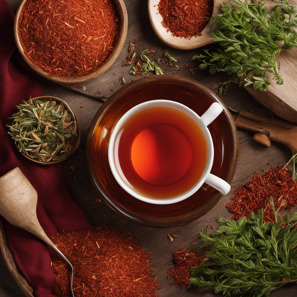 An image showcasing a cozy, sunlit setting with a steaming cup of vibrant red Rooibos tea at the center