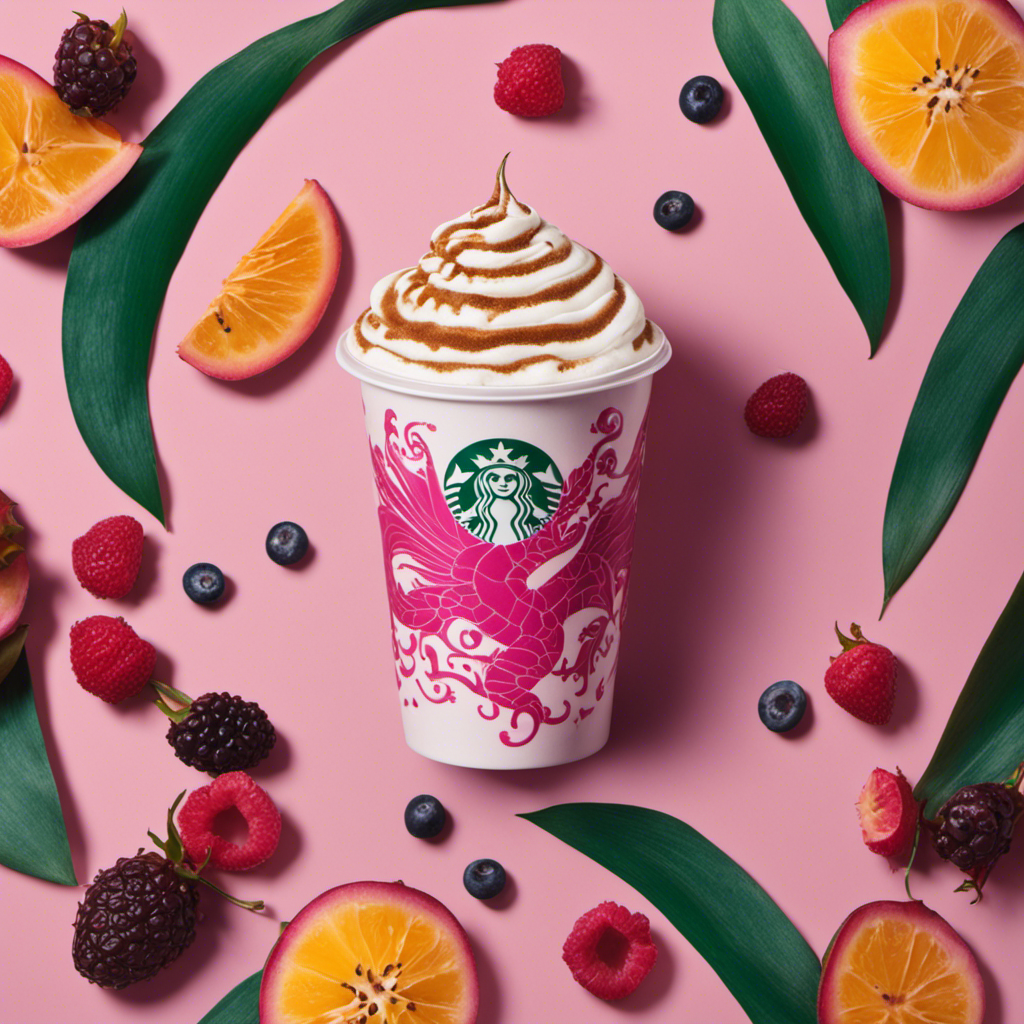 An image showcasing a beautifully crafted latte art with intricate floral patterns, accompanied by a vibrant pink dragon fruit refresher topped with a cascade of juicy berries, inviting readers to indulge in the top 10 Starbucks drinks of 2023
