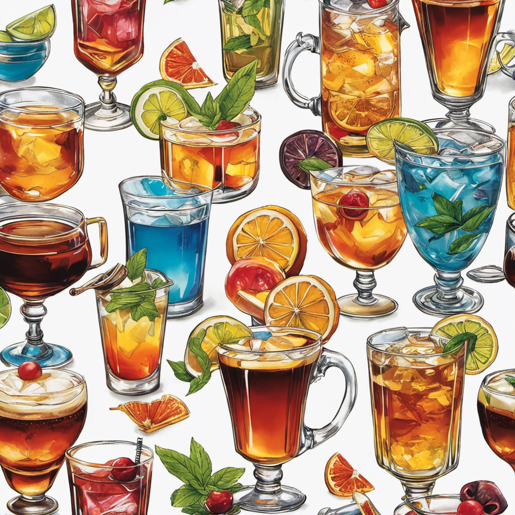 An image showcasing a vibrant array of Tea-Based Cocktails, including a Tea-Tini, Long Island Iced Tea, Hot Toddy, Tea Punch, Earl Grey Martini, and Chai White Russian