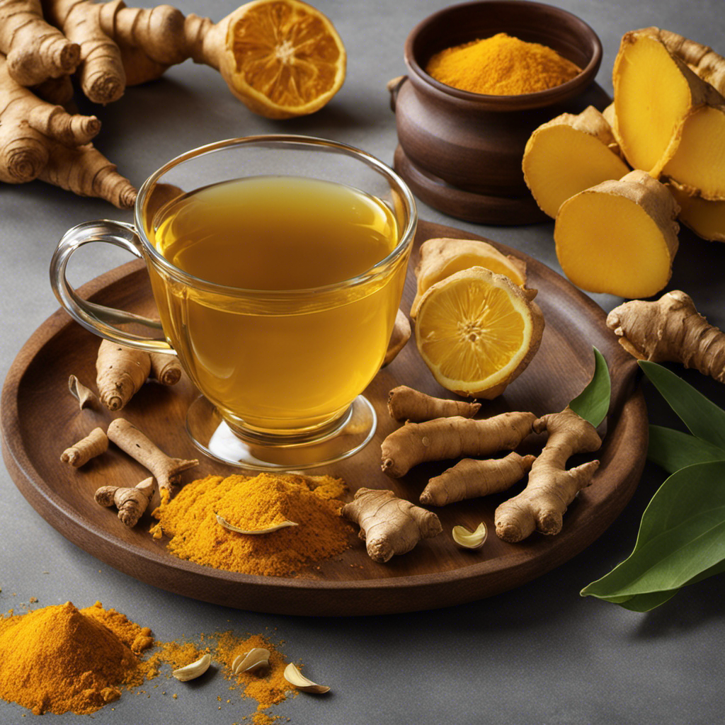 An image capturing the serene essence of a steaming cup of Sleep Ginger Turmeric Tea: vibrant yellow turmeric, chunks of ginger, and a sprinkling of spices, all embraced by a gentle wisp of rising steam