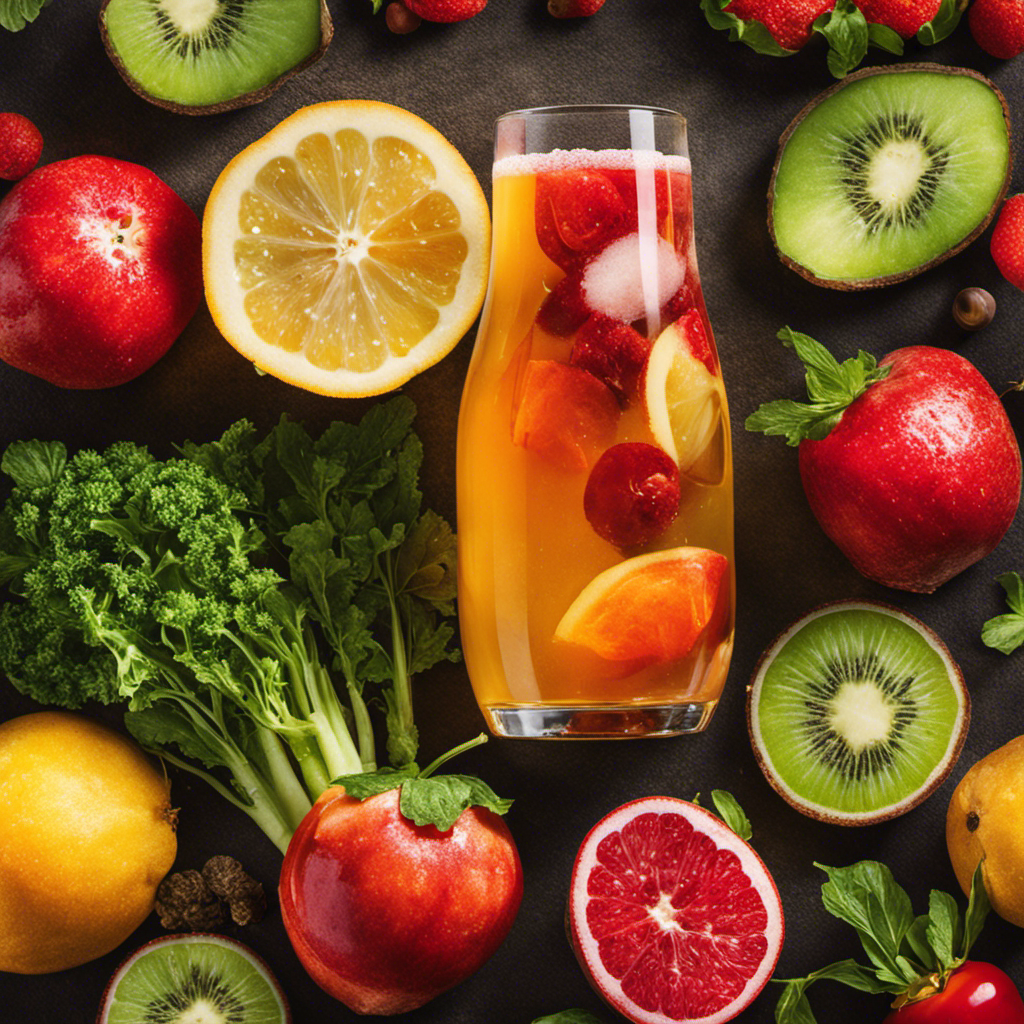 An image showcasing a glass of sparkling, effervescent kombucha nestled among a vibrant array of fresh fruits and vegetables
