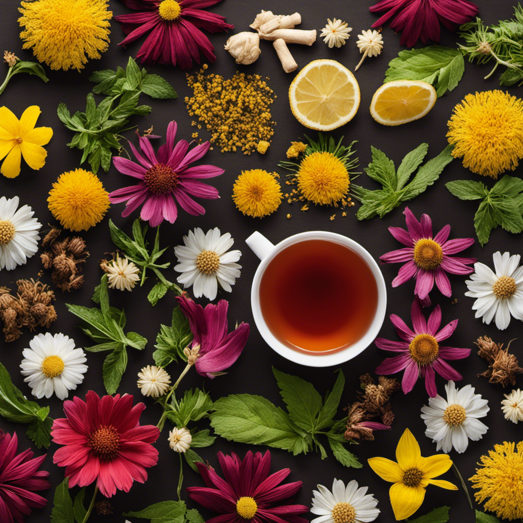 An image showcasing a variety of herbal tea leaves, each representing a different type such as chamomile, peppermint, hibiscus, ginger, echinacea, and dandelion