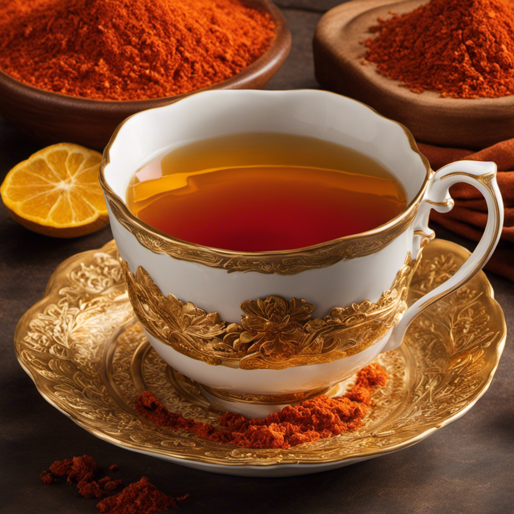 An image featuring a vibrant teacup filled with a steaming blend of Spanish Cure Tea, showcasing the golden hues of turmeric and the fiery red tones of cayenne pepper, evoking warmth and healing properties