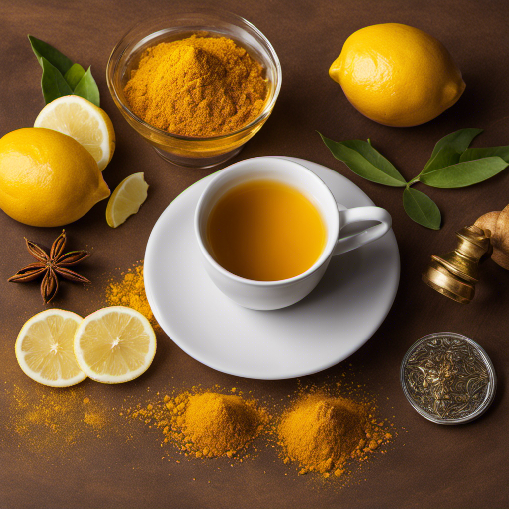 An image showcasing a vibrant cup of Spanish Cure Tea Turmeric, steaming gently, with finely ground turmeric swirling in golden hues