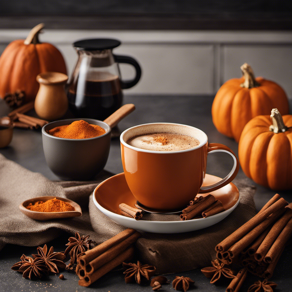 An image showcasing a cozy kitchen scene with a Nespresso machine brewing a rich, aromatic cup of Pumpkin Spice coffee