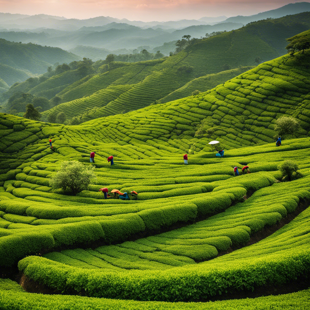 An image showcasing a lush tea garden nestled amidst rolling hills, with workers diligently hand-picking tea leaves, demonstrating sustainable practices