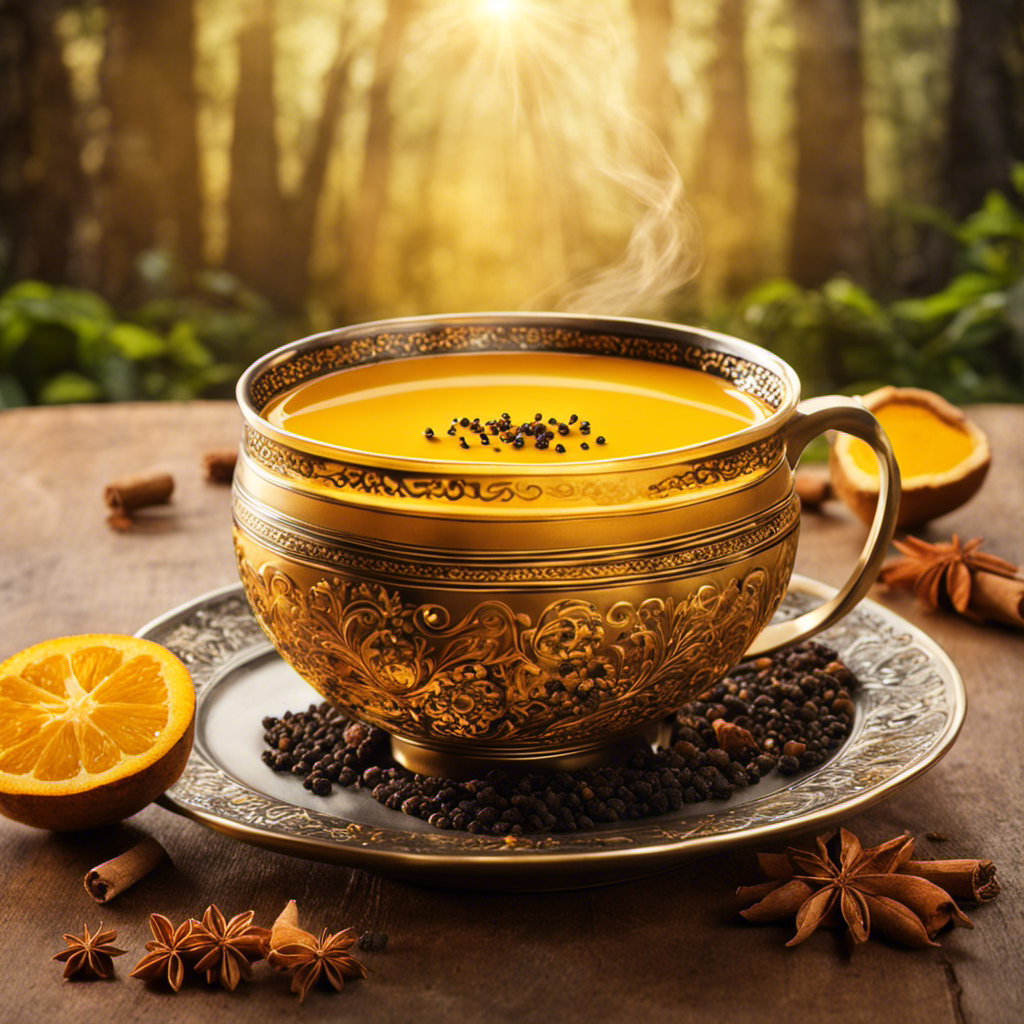 An image showcasing a steaming cup of Stash Turmeric Tea, its vibrant golden hue shimmering in the sunlight