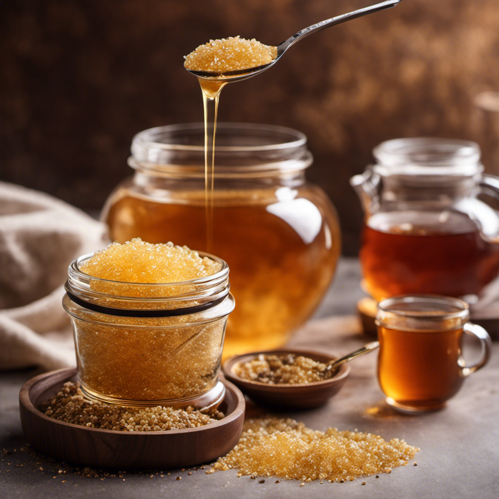 An image showcasing a glass jar filled with a translucent golden liquid, surrounded by a heap of granulated sugar and a spoon