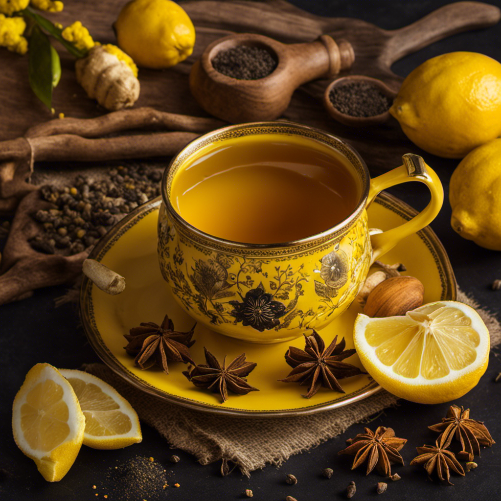 An image showcasing a vibrant yellow teacup filled with steaming Super Detox Turmeric Tea, surrounded by fresh turmeric roots, lemon wedges, and a sprinkle of black pepper, exuding a refreshing and invigorating aura