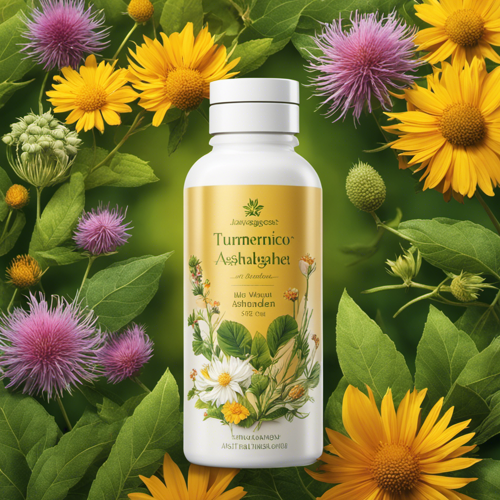 An image showcasing a vibrant, nature-inspired background with a golden-hued supplement bottle at the center