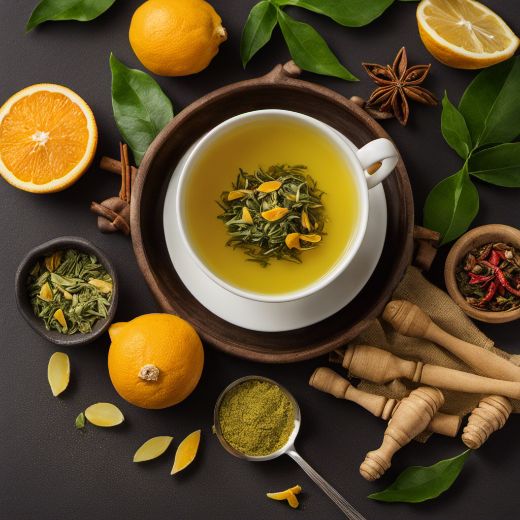 An image of a steamy cup of Sweet Ginger Citrus Turmeric Vitality Tea, showcasing vibrant yellow turmeric and soothing green tea leaves infused with zesty orange and spicy ginger, exuding warmth and rejuvenation