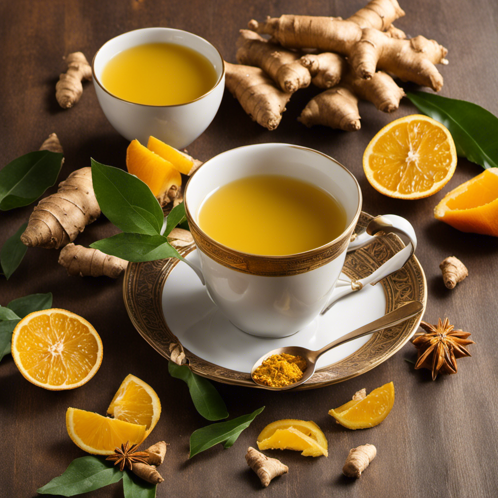 An image showcasing a steaming cup of Sweet Ginger Citrus Turmeric Vitality Tea