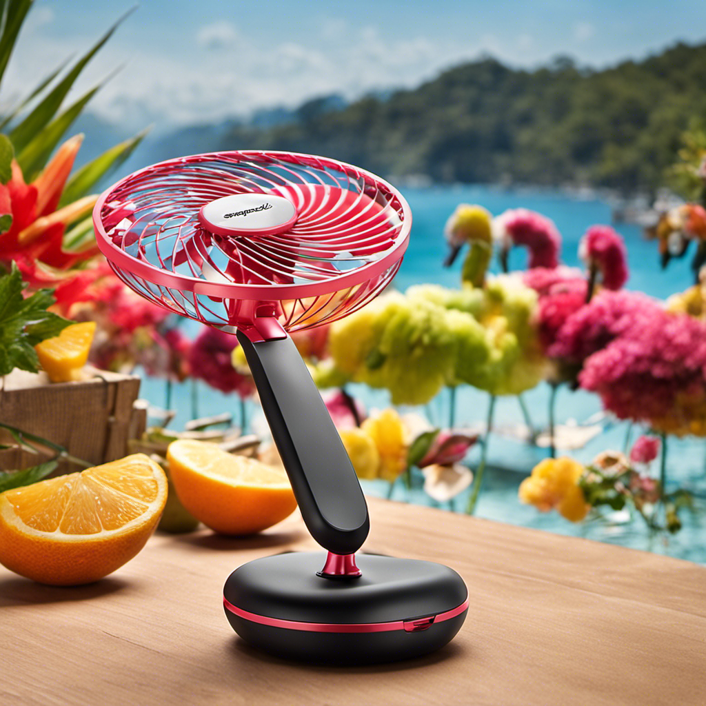 An image showcasing the sleek and compact design of the SWEETFULL Handheld Fan, with vibrant colors and a refreshing breeze gently blowing through its powerful blades, providing instant portable cooling on-the-go