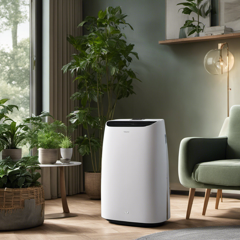 An image showcasing a sleek, modern dehumidifier placed discreetly in a cozy living room, surrounded by lush green plants
