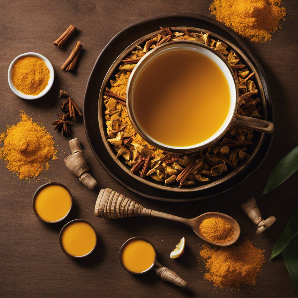 An image featuring a steaming cup of Tazo Turmeric Ginger Tea, the vibrant golden liquid swirling with the aromatic spices