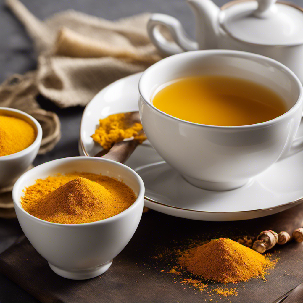 An image that showcases the vibrant yellow hue of a steaming cup of Tazo Turmeric Tea, with delicate wisps of steam rising from it, surrounded by fresh turmeric root and a sprinkle of black pepper
