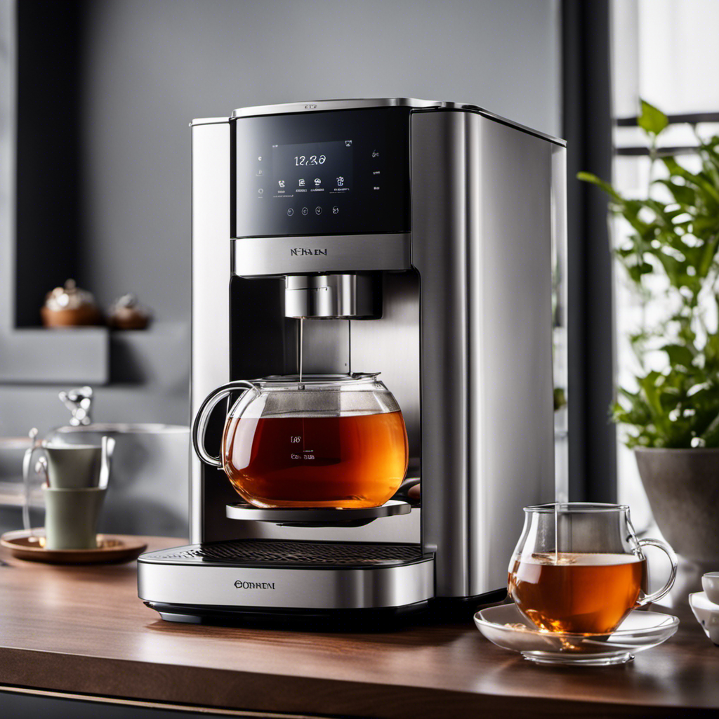 An image showcasing a modern tea brewing machine with sleek stainless steel design, LED touch screen interface, and intricate water filtration system, alongside an array of vibrant tea leaves and delicate porcelain teacups