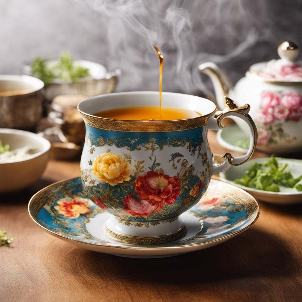 An image showcasing a vibrant teacup filled with a rich, aromatic tea infusion, being poured into a simmering pot of soup, infusing it with delicate flavors