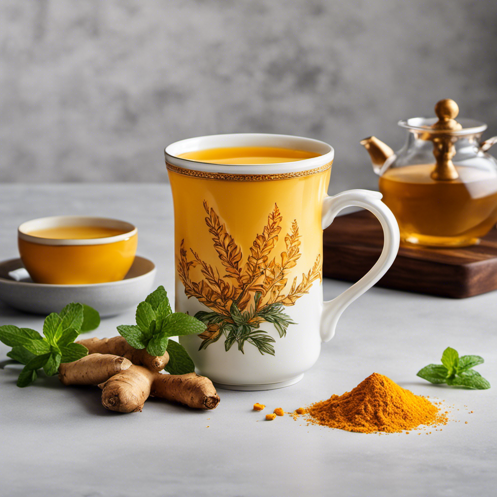 An image that showcases a soothing cup of warm ginger turmeric tea, steaming gently in a delicate porcelain mug